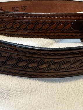 Men's Brown Tooled Leather Belt with Basketweave Pattern